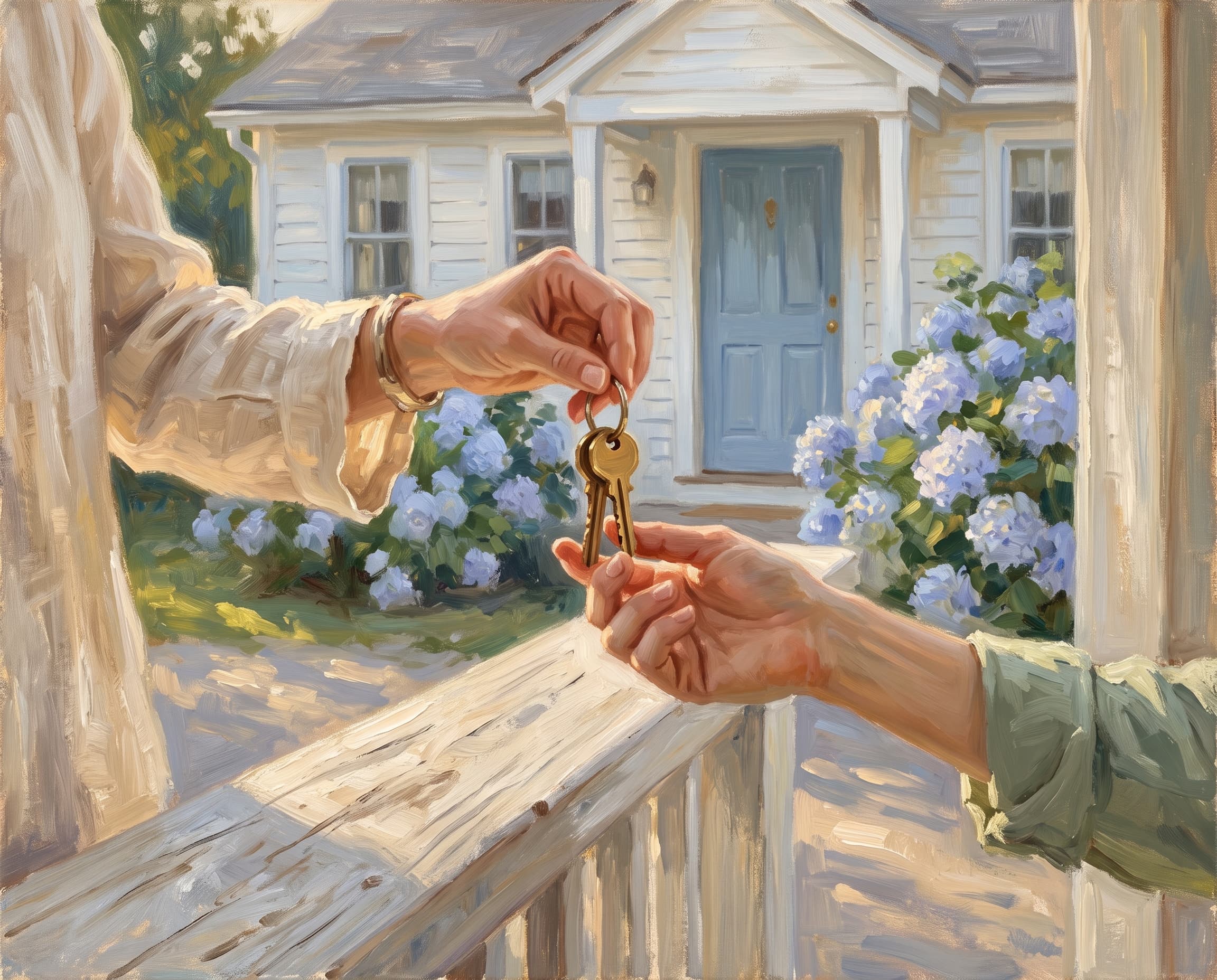 Painting of one hand passing a ring of house keys to another over a porch railing, in front of a white cottage with a blue door